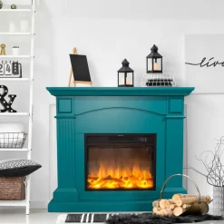 FUEGO - Cheminee electrique turquoise en mdf avec effet led et telecommande 1500w