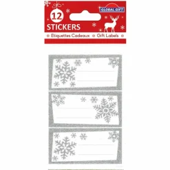 GLOBAL GIFT - 12 étiquettes adhésives de noël - flocons argentés à paillettes