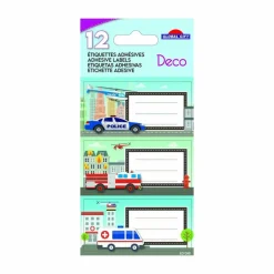 GLOBAL GIFT - 12 étiquettes adhésives scolaires - rectangle - voiture de police, camion de pompier
