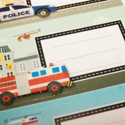 GLOBAL GIFT - 12 étiquettes adhésives scolaires - rectangle - voiture de police, camion de pompier