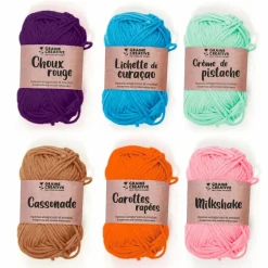 GRAINE CRÉATIVE - 6 fils de coton spécial crochet 55 m - rose-orange-camel-vert clair-turquoise-violet