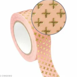 GRAINE CRÉATIVE - 2 masking tapes 1,5 cm x 10 m - fond rose et croix dorée
