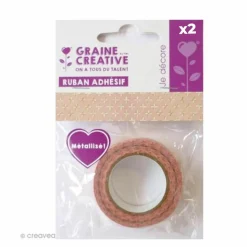 GRAINE CRÉATIVE - 2 masking tapes 1,5 cm x 10 m - fond rose et croix dorée