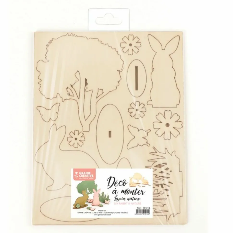 GRAINE CRÉATIVE - Décor en bois à monter soi-même lapins et nature 22,5 x 17,5 x 0,2 cm