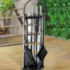 IDMARKET - Ensemble serviteur de cheminée noir inox 5 éléments pelle balai tisonnier pince avec support