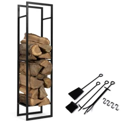 IDMARKET - Range bûches vertical acier noir avec étagère et accessoires h. 170 cm pour cheminée