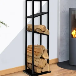 IDMARKET - Range bûches vertical acier noir avec 2 étagères h.112 cm pour cheminée