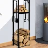 IDMARKET - Range bûches vertical acier noir avec accessoires et 1 étagère h.112 cm