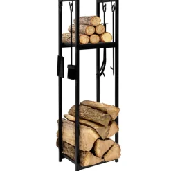 IDMARKET - Range bûches vertical acier noir avec accessoires et 1 étagère h.112 cm
