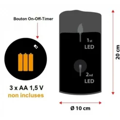 LOTTI - Bougie en cire naturelle ivoire à piles 2 led blanc chaud effet flamme h20cm l10cm timer lotti