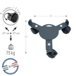 LOUIS MOULIN - Support poterie extensible avec 3 roulettes, métal anthracite 25-37cm