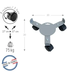LOUIS MOULIN - Support poterie extensible avec 3 roulettes, en métal gris alu 25-37cm