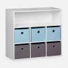 Meuble de rangement pour enfant. Blanc - camille - avec 7 compartiments et 6 paniers gris et bleus