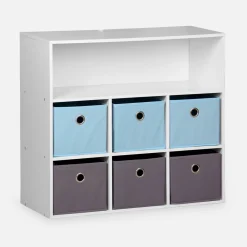 Meuble de rangement pour enfant. Blanc - camille - avec 7 compartiments et 6 paniers gris et bleus