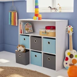 Meuble de rangement pour enfant. Blanc - camille - avec 7 compartiments et 6 paniers gris et bleus