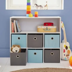Meuble de rangement pour enfant. Blanc - camille - avec 7 compartiments et 6 paniers gris et bleus