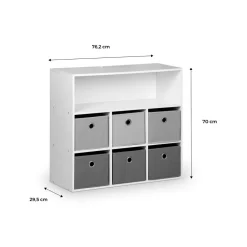 Meuble de rangement pour enfant. Blanc - camille - avec 7 compartiments et 6 paniers gris et bleus