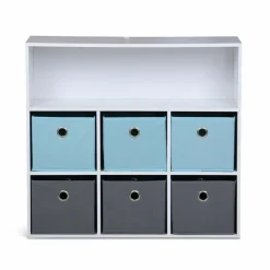 Meuble de rangement pour enfant. Blanc - camille - avec 7 compartiments et 6 paniers gris et bleus