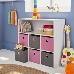 Meuble de rangement pour enfant. Blanc - camille - avec 7 compartiments et 6 paniers gris et roses