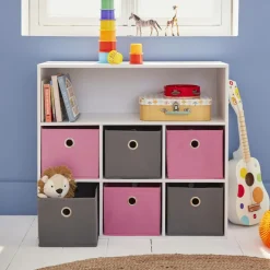 Meuble de rangement pour enfant. Blanc - camille - avec 7 compartiments et 6 paniers gris et roses
