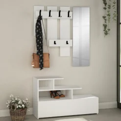 Meuble d'entrée blanc avec porte manteau, rangement et miroir mesty