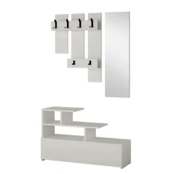 Meuble d'entrée blanc avec porte manteau, rangement et miroir mesty