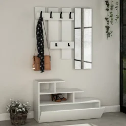 Meuble d'entrée blanc avec porte manteau, rangement et miroir mesty