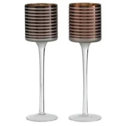 PARIS PRIX - Lot de 2 photophores sur pied "verre rayé" 25cm marron