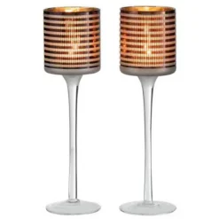 PARIS PRIX - Lot de 2 photophores sur pied "verre rayé" 25cm marron