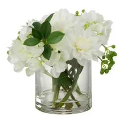 PARIS PRIX - Plante artificielle & vase "dahlia hydrangea" 21cm blanc
