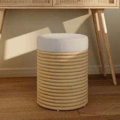 RENDEZ-VOUS DÉCO - Théa - tabouret en rotin et tissu crème h 43 cm