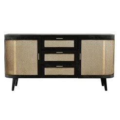 RENDEZ-VOUS DÉCO - Wendy - buffet noir 2 portes 3 tiroirs en bois de manguier et cannage