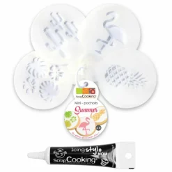 SCRAPCOOKING - 4 mini pochoirs à gâteaux summer ø 6 cm + stylo de glaçage noir