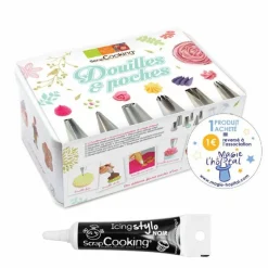 SCRAPCOOKING - Coffret 6 douilles pâtissières inox & poches jetables + stylo glaçage noir
