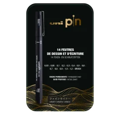 UNI BALL - Boite en métal de 14 feutres de dessin et d'écriture multi-calibres