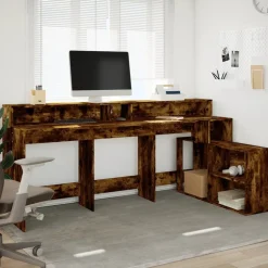 VIDAXL - Bureau et lumières led chêne fumé 200x104x91cm bois ingénierie