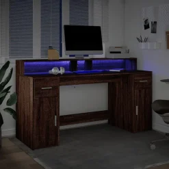 VIDAXL - Bureau et lumières led chêne marron bois d'ingénierie
