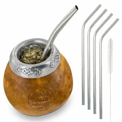 YOUDOIT - Calebasse et bombilla pour maté + 4 pailles en inox
