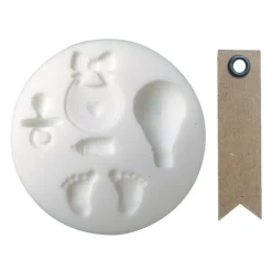 YOUDOIT - Mini moule silicone pour pâte polymère naissance + 20 étiquettes kraft fanion